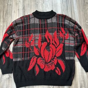 Classic Essentials Vintage Mock Neck Knit Sweater Poinsettia 80’s Black Size L